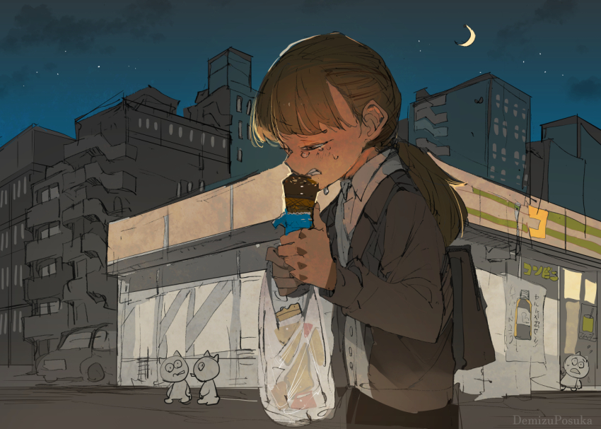 1girl bag black_skirt brown_hair building commentary_request convenience_store creature crescent_moon crying demizu_posuka food grey_jacket holding holding_food holding_ice_cream ice_cream jacket long_hair moon night night_sky original outdoors ponytail shirt shop shopping_bag skirt sky solo teeth urban white_shirt