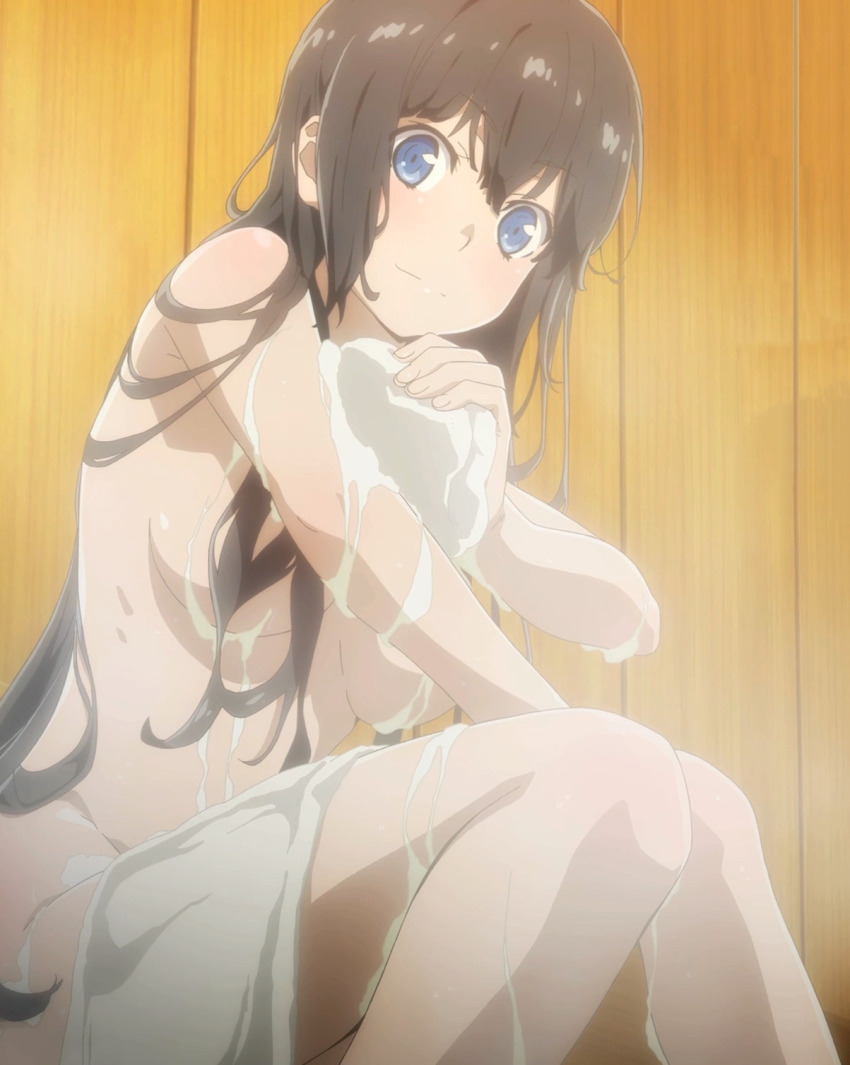 1girl anime_screenshot bare_shoulders bath bath_stool bathing bathroom black_hair blue_eyes blush breasts collarbone dungeon_ni_deai_wo_motomeru_no_wa_machigatteiru_darou_ka female_focus hair_over_breasts hestia_(danmachi) highres large_breasts legs long_hair nude sitting smile soap_bubbles solo solo_focus stitched stomach stool thighs third-party_edit towel towel_on_legs very_long_hair