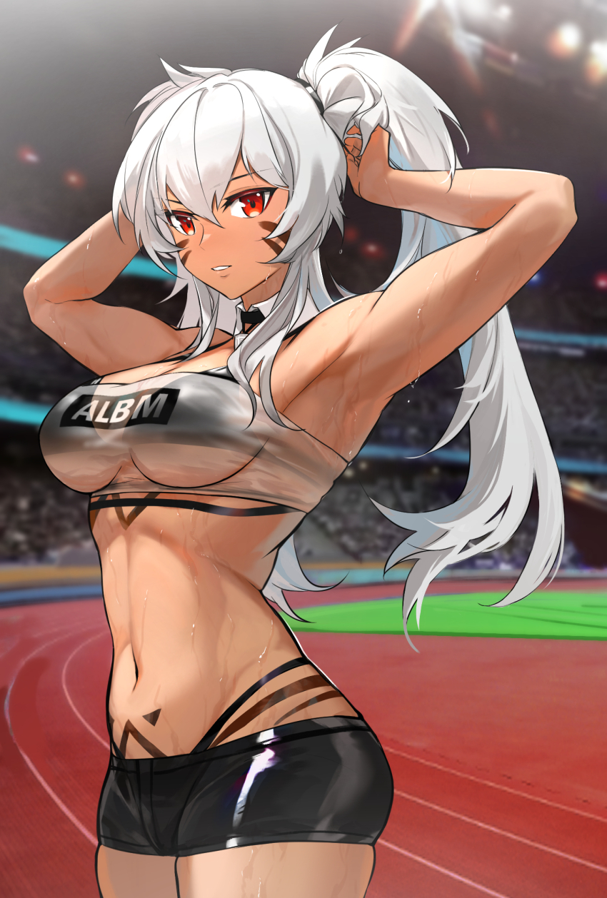 1girl alabama_(azur_lane) armpits arms_behind_head azur_lane bandeau bare_shoulders bikini bikini_under_clothes black_bikini black_shorts breasts commission dark-skinned_female dark_skin detached_collar facepaint highres light_smile long_hair looking_at_viewer medium_breasts micro_shorts midriff mush navel orange_eyes outdoors parted_lips red_eyes see-through_clothes shorts skindentation solo stadium stomach strapless swimsuit thighs tube_top twintails tying_hair underboob very_long_hair white_hair