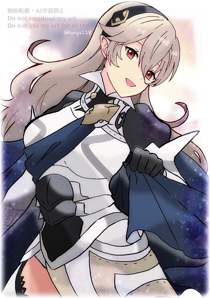 1girl :d black_hairband blue_cape cape corrin_(female)_(fire_emblem) corrin_(fire_emblem) fire_emblem fire_emblem_fates grey_hair hair_between_eyes hairband highres kiriya_(552260) long_hair looking_at_viewer nintendo open_mouth pointy_ears red_eyes smile solo twitter_username