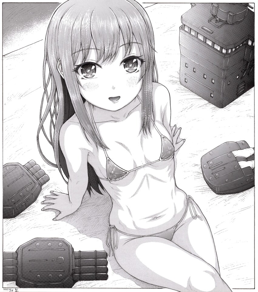 1girl absurdres arm_support asashio_(kancolle) bikini black_hair blush crossed_legs from_above greyscale h2_(h20000000) halterneck highres kantai_collection long_hair looking_at_viewer mecha_musume micro_bikini monochrome navel on_floor open_mouth ribs ship_turret side-tie_bikini_bottom solo swimsuit torpedo_launcher