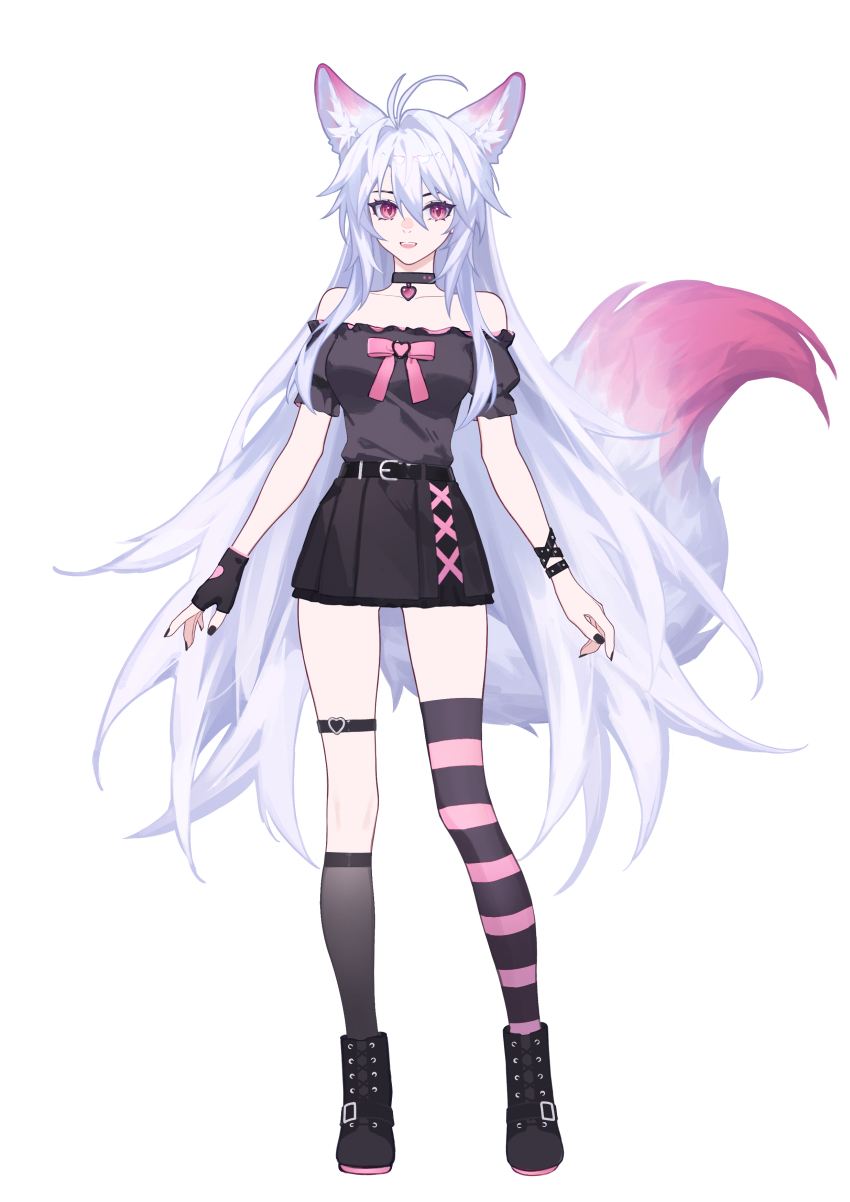 1girl :d absurdres animal_ears antenna_hair bare_shoulders black_choker black_shirt black_shoes black_skirt bow choker full_body highres large_tail long_hair looking_at_viewer luo_shun_yao meng_xi_xuan miniskirt off-shoulder_shirt off_shoulder open_mouth original pink_bow puffy_short_sleeves puffy_sleeves purple_eyes shirt shoes short_sleeves simple_background single_thighhigh skirt smile solo standing striped_clothes striped_thighhighs tail thighhighs very_long_hair white_background white_hair