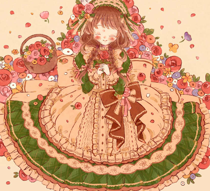 1girl back_bow basket blush_stickers bow braid brown_hair buttons classic_lolita closed_eyes commentary cross-laced_clothes cross-laced_sleeves dot_nose dress falling_petals floral_background floral_print flower flower_basket frilled_cuffs frilled_dress frilled_hairband frilled_sleeves frills green_dress hair_ribbon hairband holding holding_flower huge_bow idolmaster idolmaster_cinderella_girls lace-trimmed_headwear lace_trim lolita_fashion lolita_hairband long_hair low_twin_braids multicolored_clothes official_alternate_costume official_alternate_hairstyle orange_flower orange_rose petals pink_flower pink_rose plaid_clothes plaid_dress puffy_sleeves purple_flower red_flower red_rose ribbon ribbon-trimmed_hairband ribbon-trimmed_skirt ribbon_trim rose rose_petals smile solo sumomo_030102 takamori_aiko twin_braids white_flower yellow_background