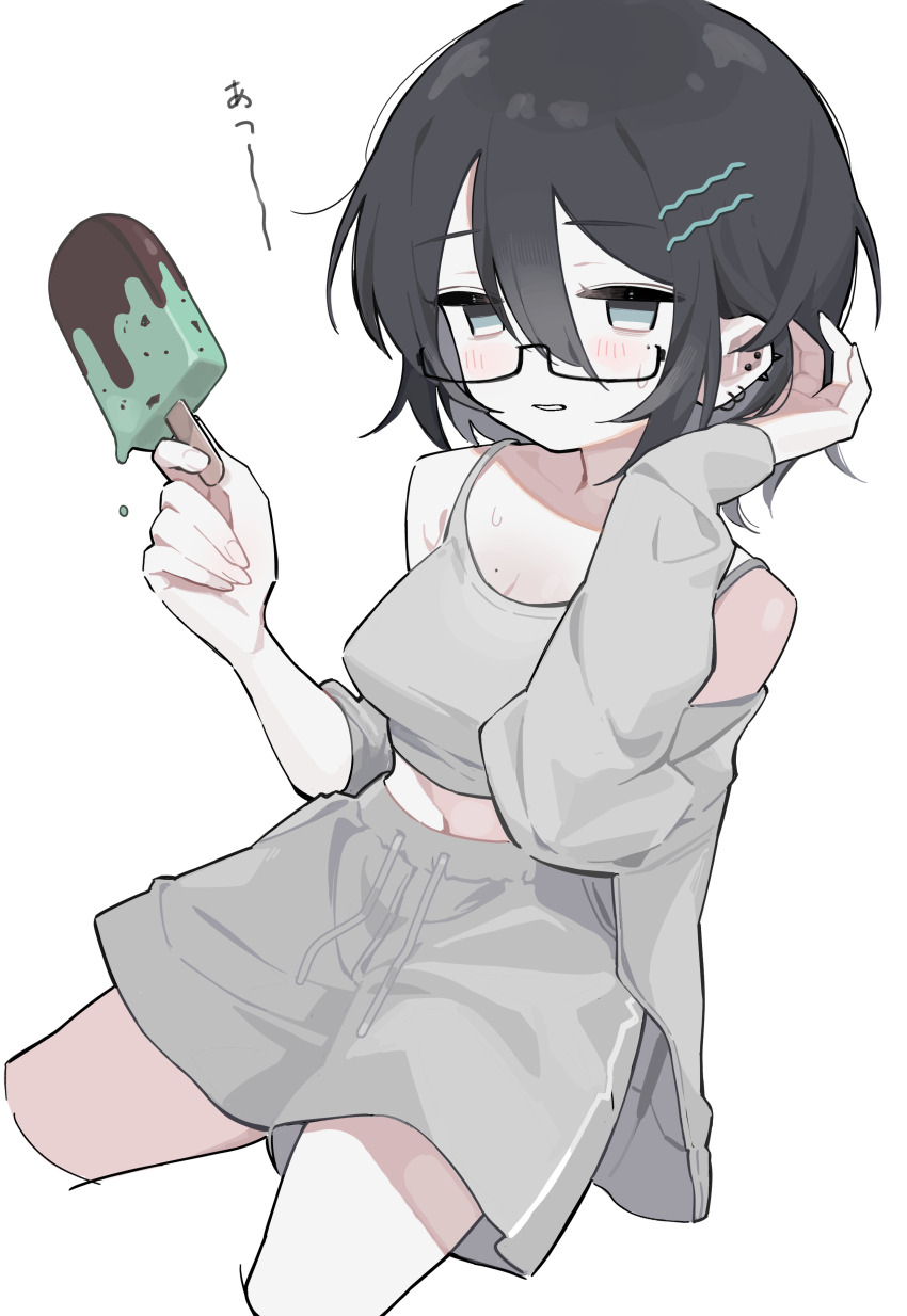 1girl absurdres black_hair blue_eyes blush breasts cleavage cropped_legs ear_piercing earrings food glasses hair_ornament hairclip hand_up highres holding holding_food holding_popsicle hoop_earrings jacket jewelry long_sleeves looking_at_viewer medium_hair mint_chocolate mole mole_on_breast myomuron off_shoulder original piercing popsicle shorts solo sports_bra tucking_hair