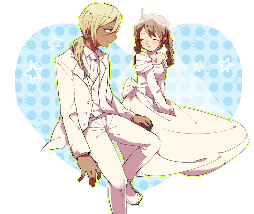 1boy 1girl bad_id bad_pixiv_id blonde_hair braid brother_and_sister brown_hair dress formal_clothes gamipo gouenji_shuuya gouenji_yuuka highres inazuma_eleven inazuma_eleven_(series) inazuma_eleven_go long_hair necktie ponytail siblings smile suit twin_braids wedding_dress