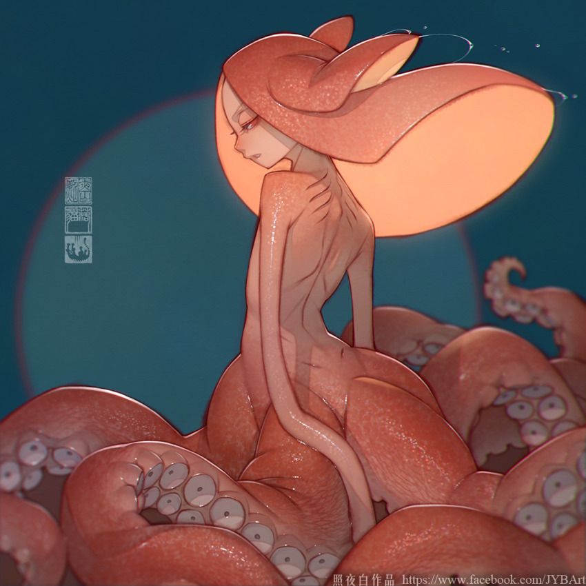 1girl clip_studio_paint_(medium) colored_skin flat_chest monster_girl original photoshop_(medium) red_eyes red_skin scylla slimy solo squid_girl suction_cups tentacles zhaoyebai