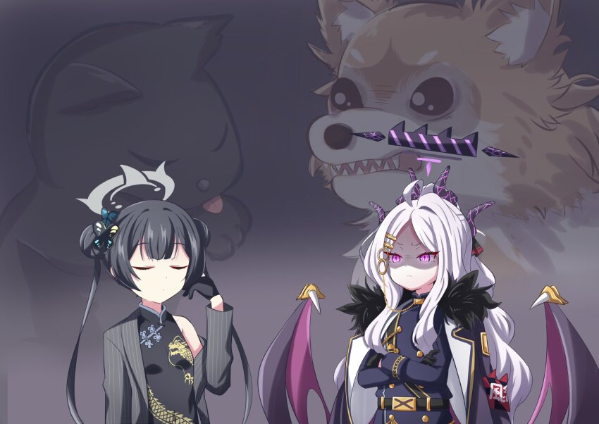 2girls ahoge belt black_belt black_cat black_coat black_gloves black_hair blue_archive blunt_bangs butterfly_hair_ornament cat china_dress chinese_clothes closed_eyes coat coat_on_shoulders commentary_request crossed_arms demon_girl demon_horns demon_wings dog double_bun dragon_print dress forehead fur-trimmed_coat fur_trim gloves grey_halo hair_bun hair_ornament hair_ribbon hairclip half_updo halo highres hina_(blue_archive) horns kisaki_(blue_archive) long_hair long_sleeves looking_at_another military_uniform multiple_girls open_clothes open_coat parted_bangs print_dress purple_eyes purple_halo ribbon sam_browne_belt shaded_face sidelocks simple_background twintails upper_body v-shaped_eyebrows wavy_hair white_hair wings yukimi_unagi