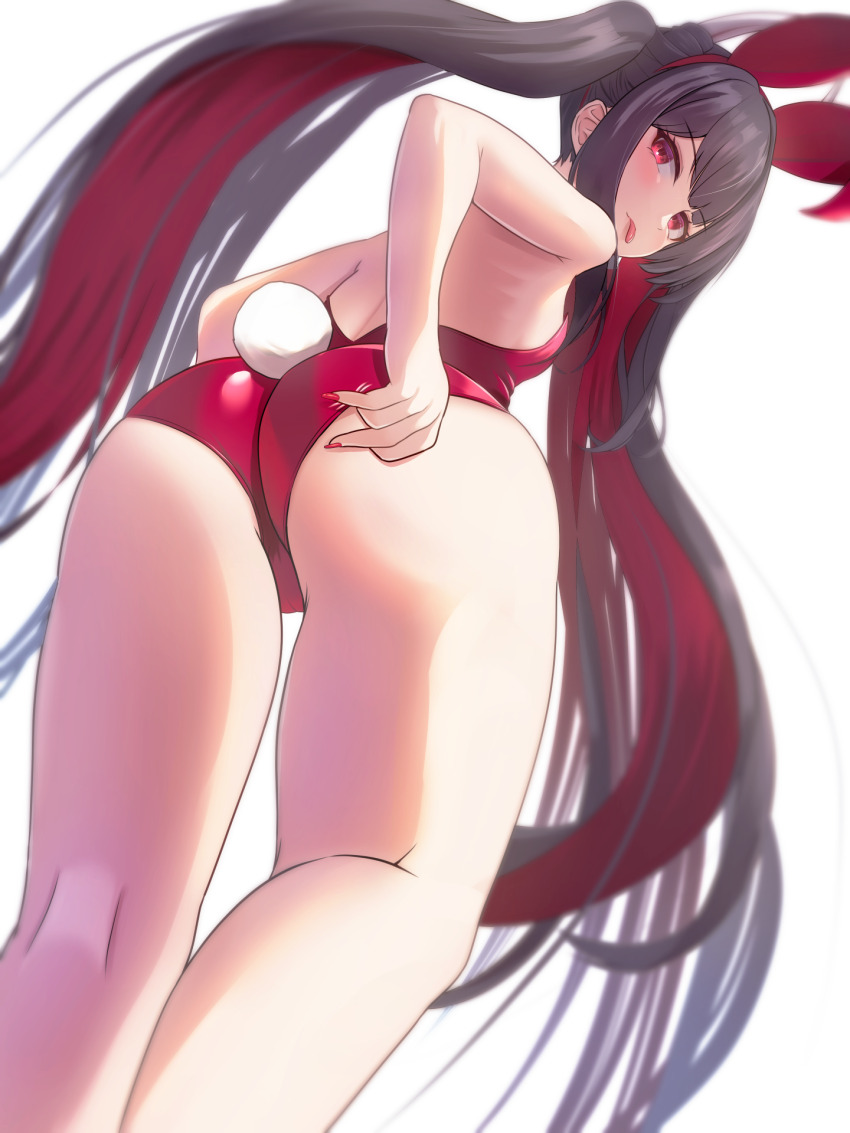 1girl adjusting_clothes adjusting_leotard alternate_costume animal_ears arms_behind_back ass azur_lane backless_leotard bare_arms bare_legs bare_shoulders breasts colored_inner_hair commentary_request contrapposto double-parted_bangs fake_animal_ears from_below hatsuzuki_(azur_lane) headband highleg highleg_leotard highres kneepits legs_apart leotard long_hair looking_at_viewer multicolored_hair nail_polish playboy_bunny red_eyes red_headband red_leotard red_nails shadow sidelocks simple_background small_breasts solo standing strapless strapless_leotard tako-san_wiener_(takosanuma) thighs tongue tongue_out twintails very_long_hair white_background