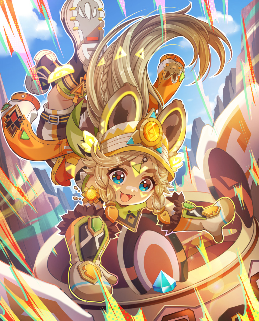 1girl ankoro bandana bandana_around_neck blonde_hair blue_eyes braid canyon chinchilla_ears chinchilla_girl cloud commentary_request falling fur-lined_gloves fur-trimmed_mittens fur_trim genshin_impact highres kachina_(genshin_impact) long_hair mittens open_mouth parted_bangs rock sky solo twin_braids vision_(genshin_impact)