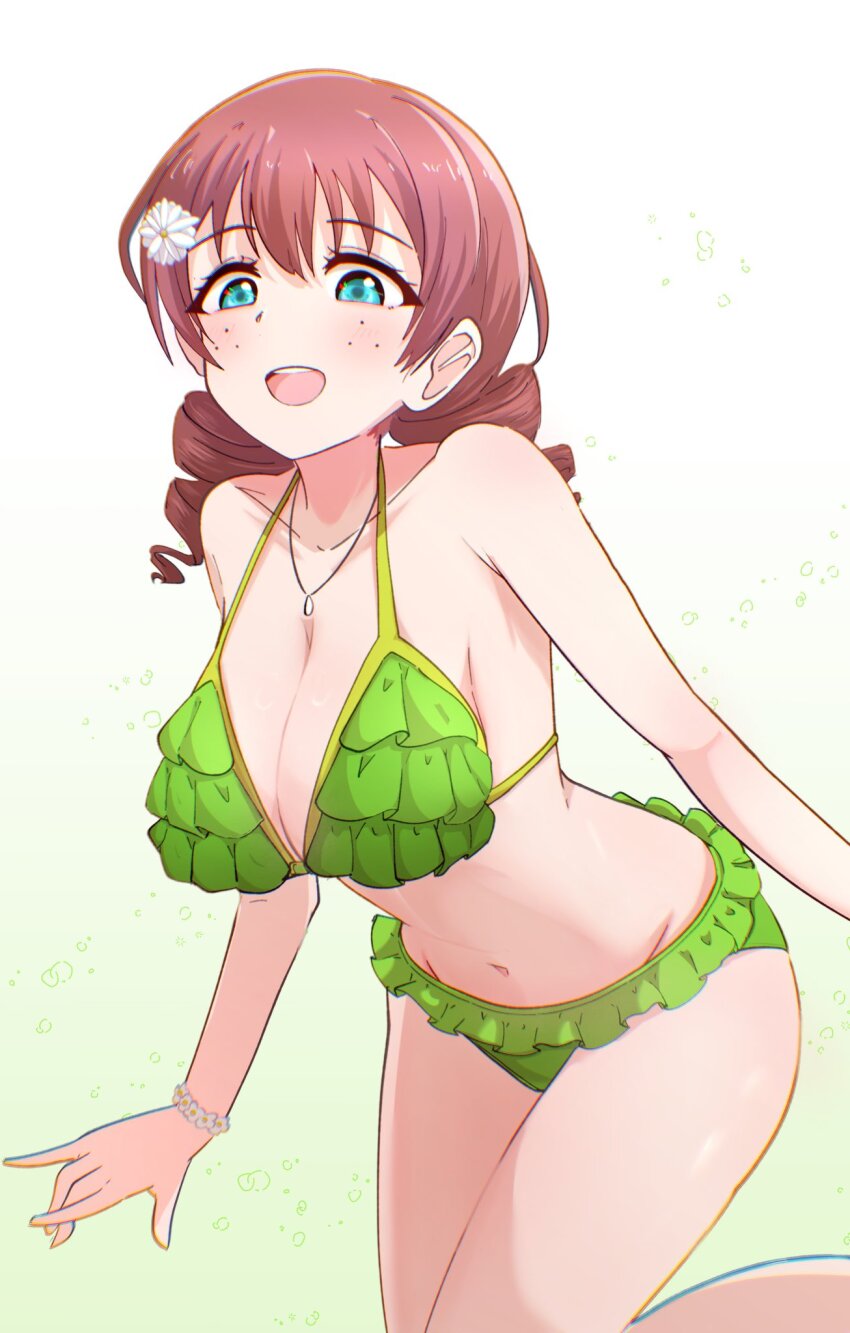 1girl aqua_eyes bikini bikini_day blush bracelet breasts brown_hair cleavage commentary_request drill_hair emma_verde flower flower_bracelet freckles gradient_background green_bikini hair_flower hair_ornament highres jewelry large_breasts looking_down love_live! love_live!_nijigasaki_high_school_idol_club medium_hair navel necklace open_mouth smile swimsuit twin_drills yunite68