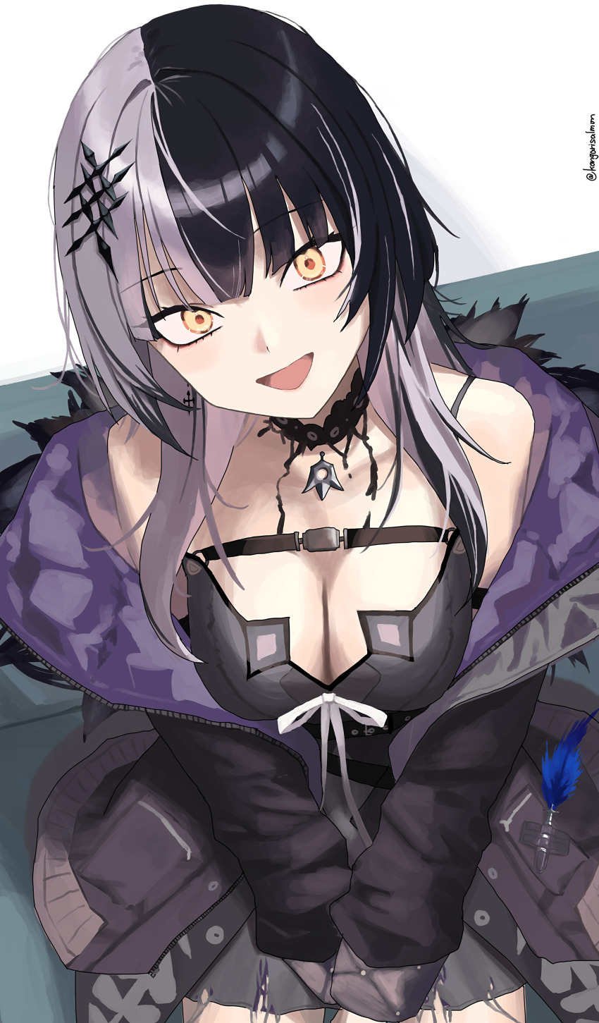 1girl :d absurdres black_choker black_coat black_dress black_hair breasts choker cleavage coat dress fur-trimmed_coat fur_trim grey_hair hair_ornament highres hololive hololive_english kongarisalmon long_hair looking_at_viewer medium_breasts multicolored_hair open_mouth purple_coat quill ribbon shiori_novella shiori_novella_(1st_costume) sitting smile solo split-color_hair two-sided_coat two-sided_fabric two-tone_hair virtual_youtuber white_ribbon yellow_eyes