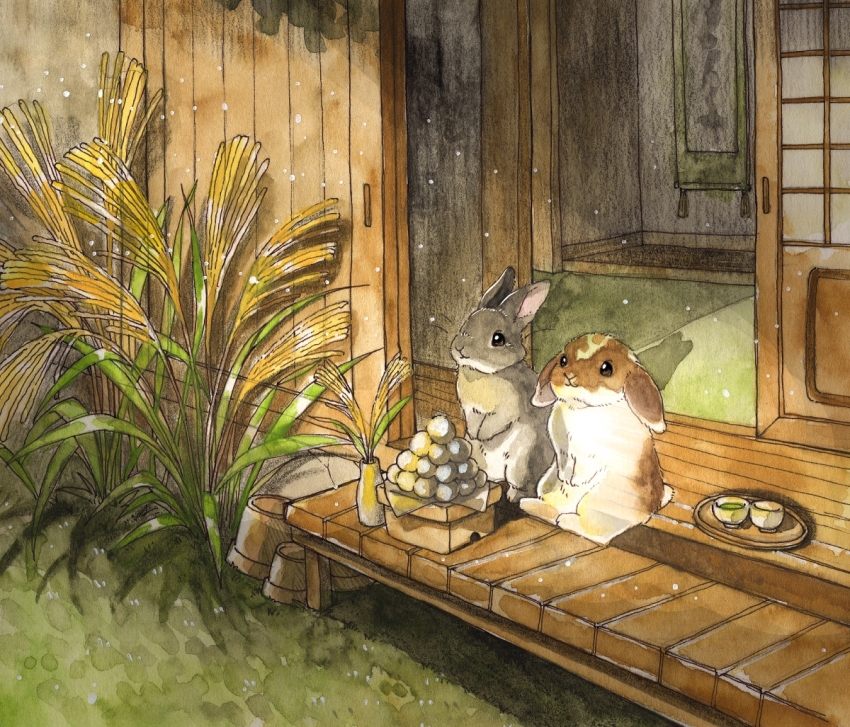 animal architecture autumn berry_jou rabbit east_asian_architecture no_humans original painting_(medium) plant traditional_media watercolor_(medium)