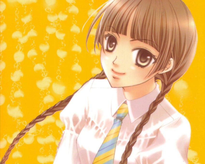 00s 1girl blunt_bangs braid brown_eyes brown_hair closed_mouth collared_shirt eyebrows female_focus hibiki_reine juliet_sleeves long_hair long_sleeves looking_at_viewer maria-sama_ga_miteru necktie puffy_sleeves shimazu_yoshino shirt smile solo twin_braids twintails upper_body white_shirt yellow_background