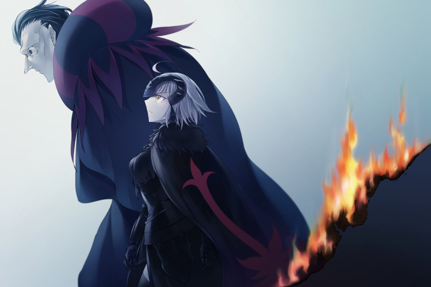 1boy 1girl 2gno082 black_hair breasts burning_clothes fate/grand_order fate_(series) feet_out_of_frame from_side gilles_de_rais_(caster)_(fate) jeanne_d&#039;arc_alter_(avenger)_(fate) jeanne_d&#039;arc_alter_(fate) looking_ahead medium_breasts profile short_hair walking