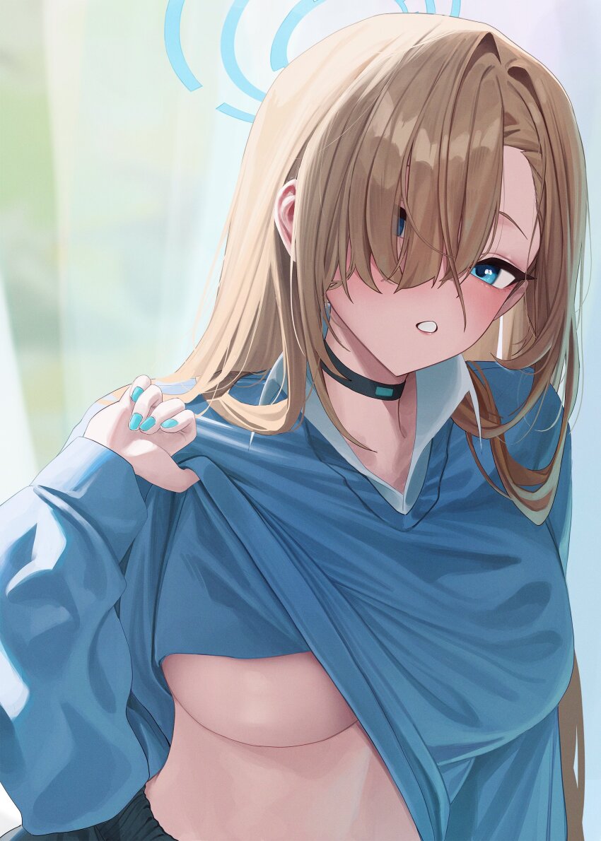 1girl absurdres asuna_(blue_archive) black_choker blue_archive blue_cardigan blue_eyes blue_halo blue_nails breasts brown_hair cardigan cardigan_lift choker collared_shirt commentary_request fingernails hair_intakes hair_over_one_eye halo highres large_breasts lifting_own_clothes long_sleeves looking_at_viewer nail_polish puffy_long_sleeves puffy_sleeves shirt solo starblue underboob upper_body white_undershirt