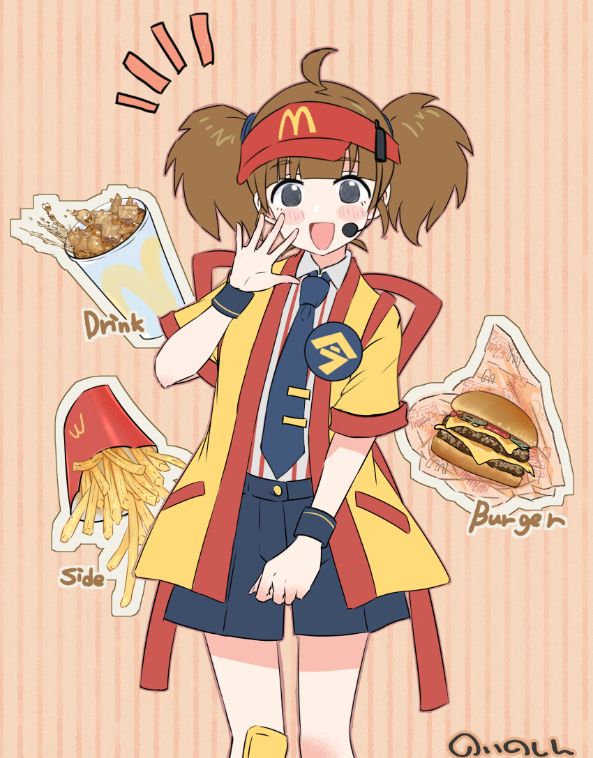 1girl :d absurdres ahoge apron blush brown_hair burger collared_shirt commentary_request earpiece food french_fries grey_eyes hand_up highres imadake_dabuchi_tabemi jacket mcdonald&#039;s necktie noinoshi open_mouth shirt shorts smile striped_apron striped_clothes tie_clip twintails vertical-striped_apron vertical-striped_clothes visor_cap white_shirt wristband yellow_jacket