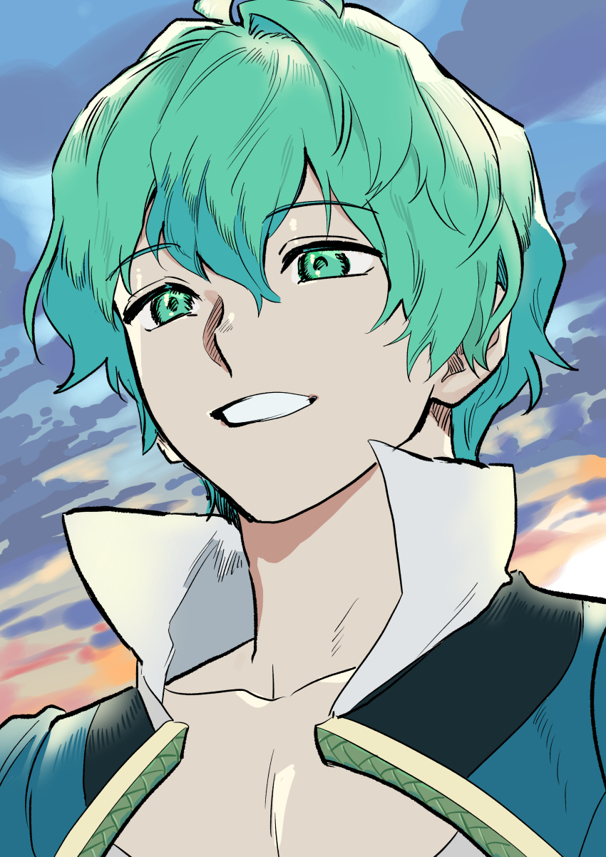 1boy absurdres blue_jacket blue_sky collarbone david_(fate) fate/grand_order fate_(series) green_eyes green_hair grin hair_between_eyes highres jacket looking_ahead male_focus multicolored_sky open_clothes open_jacket orange_sky pen_(user_hjhs5877) short_hair sky smile solo upper_body