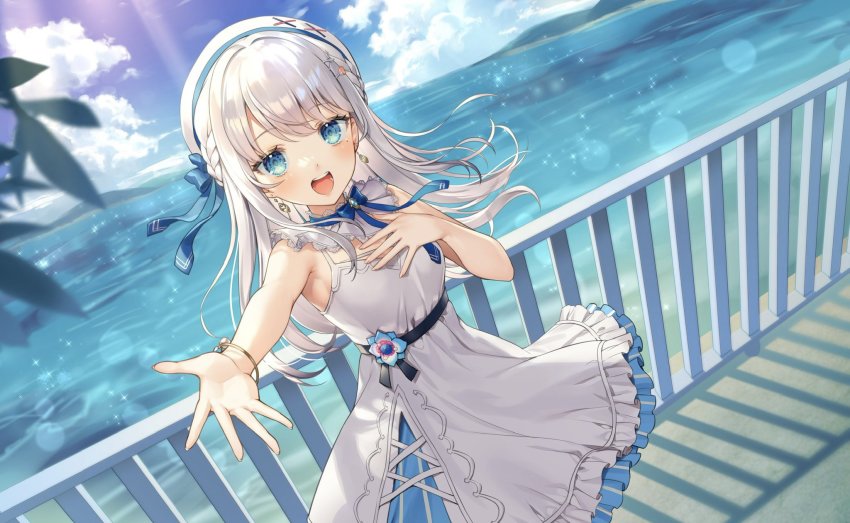 1girl beret blue_eyes breasts day dress earrings hat highres indie_virtual_youtuber jewelry kikugetsu looking_at_viewer mole nagino_mashiro neck_ribbon ocean open_mouth outdoors railing reaching reaching_towards_viewer ribbon second-party_source sleeveless sleeveless_dress small_breasts solo standing virtual_youtuber white_hair white_hat