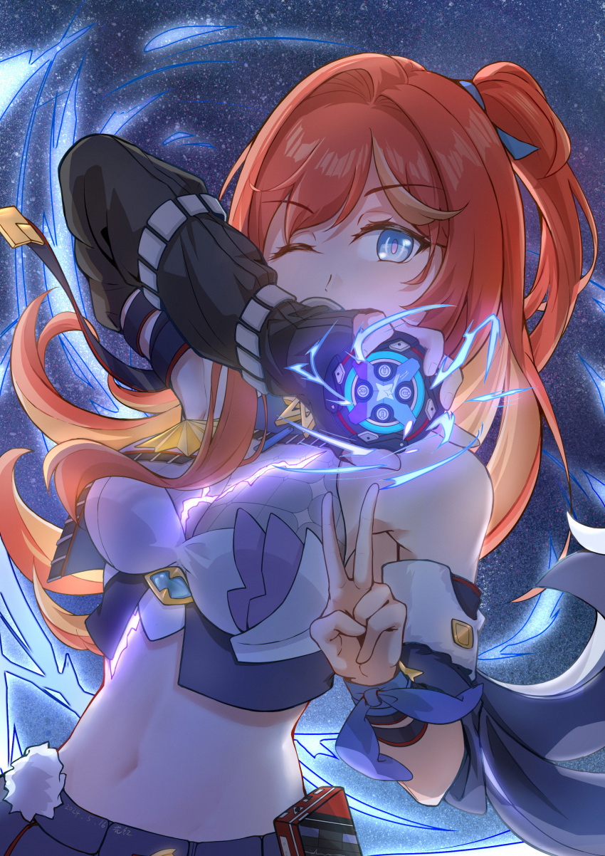 1girl absurdres bare_shoulders blue_eyes breasts crop_top detached_sleeves highres honkai_(series) honkai_impact_3rd huahong_(user_asrp7337) large_breasts long_hair looking_at_viewer midriff navel one_side_up orange_hair senadina_(honkai_impact) solo stomach upper_body v very_long_hair