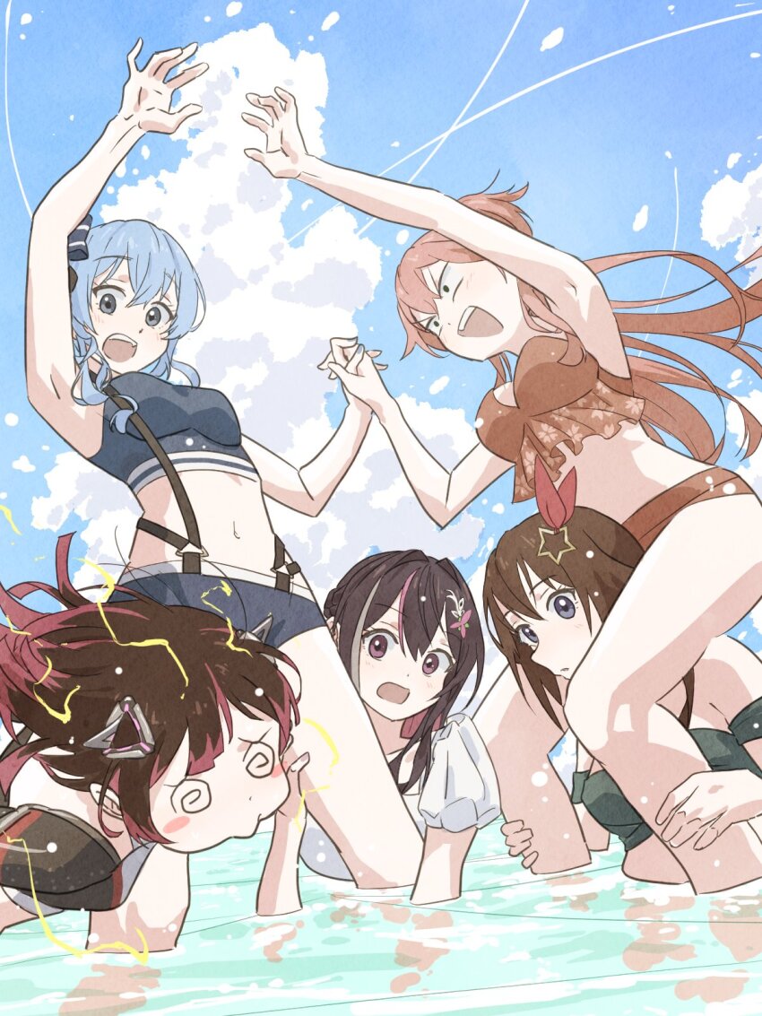 0th_generation_(hololive) 5girls @_@ alternate_costume android arm_up armpits azki_(hololive) bikini black_hair blue_bikini blue_eyes blue_hair blue_nails blue_sky blush blush_stickers bow breasts brown_hair carrying closed_mouth cloud cloudy_sky colored_tips commentary constricted_pupils contrail day double-parted_bangs electricity falling feet_out_of_frame frilled_bikini frills green_bikini hair_bow hair_intakes hair_ornament hair_ribbon highres holding_hands hololive hoshimachi_suisei interlocked_fingers kibasen light_blue_hair long_hair looking_at_another medium_breasts medium_hair multicolored_hair multiple_girls nail_polish navel ocean open_mouth outdoors partially_submerged piggyback pink_hair purple_eyes red_bikini red_ribbon ribbon roboco-san sakura_miko sky standing star_(symbol) star_hair_ornament stomach streaked_hair surprised suspenders swimsuit tauyoshi728 tokino_sora two-tone_hair upper_body v-shaped_eyebrows virtual_youtuber wading white_bikini white_hair