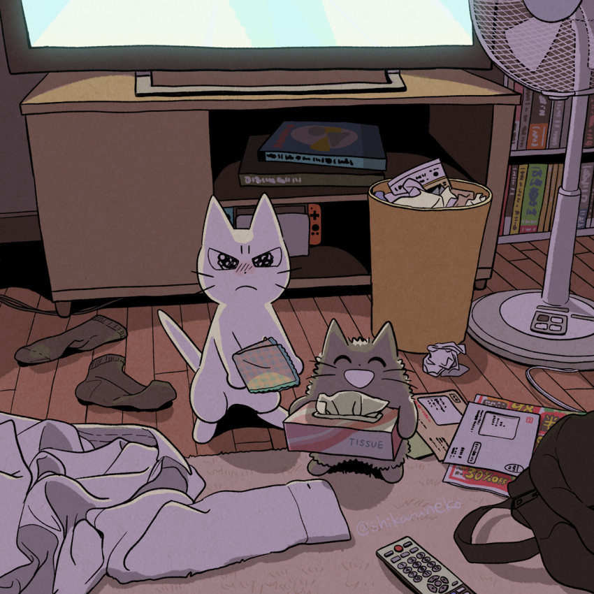 :d animal bag black_bag blush bookshelf cat closed_eyes controller electric_fan frown handheld_game_console handkerchief highres indoors looking_at_viewer mail messy_room mojacookie nintendo_switch no_humans nose_blush open_mouth remote_control rug shikaru_neko shirt smile socks television tissue_box trash_can unworn_shirt whiskers white_shirt wooden_floor