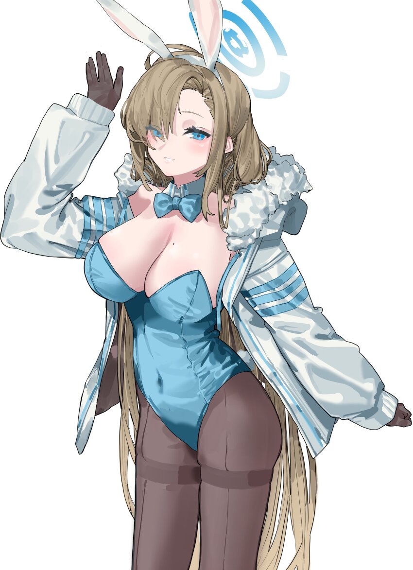 1girl absurdres animal_ears asuna_(blue_archive) asuna_(bunny)_(blue_archive) black_gloves black_pantyhose blue_archive blue_leotard breasts brown_hair cleavage commentary detached_collar fake_animal_ears fur-trimmed_jacket fur_trim gloves hair_over_one_eye halo highres jacket kazukingu large_breasts leotard long_hair looking_at_viewer mole mole_on_breast open_clothes open_jacket pantyhose playboy_bunny rabbit_ears solo thighband_pantyhose white_jacket