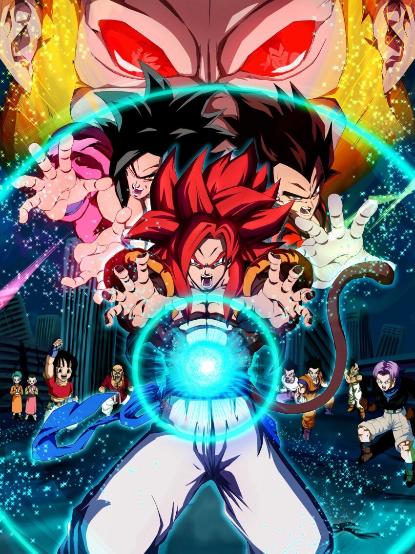 3girls 6+boys black_hair black_vest body_fur brown_fur bulma chi-chi_(dragon_ball) dragon_ball dragon_ball_gt gloves gogeta group_picture highres kamehameha_(dragon_ball) long_hair male_focus metamoran_vest mr._satan multiple_boys multiple_girls muscular muscular_male no_shirt open_clothes open_vest pan_(dragon_ball) pants red_fur red_hair solo_focus son_gohan son_goku son_goten spiked_hair super_saiyan super_saiyan_4 trunks_(dragon_ball) urotakanata02 uub vegeta vest white_gloves white_pants