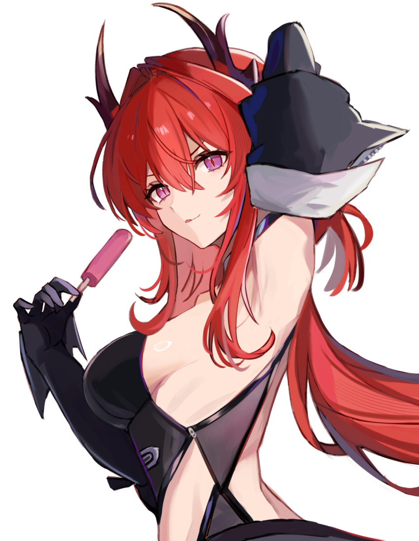 1girl arknights arm_behind_head armpits black_gloves breasts crossed_bangs demon_horns dummyeq food from_side gloves hair_between_eyes highres holding holding_food holding_popsicle horns licking_lips long_hair looking_at_viewer medium_breasts popsicle purple_eyes sideboob sidelocks simple_background slit_pupils solo surtr_(arknights) tongue tongue_out upper_body white_background