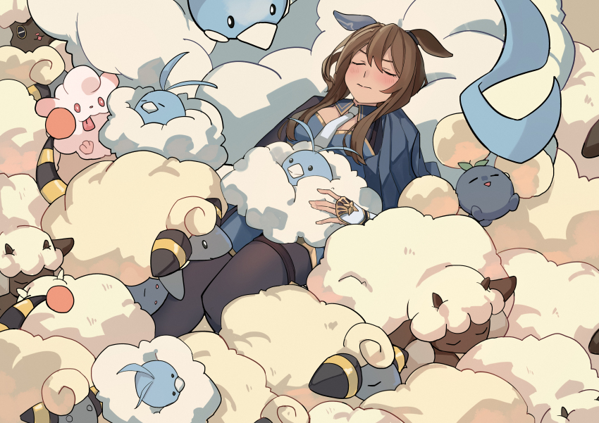 1girl absurdres admire_vega_(umamusume) bad_id bad_pixiv_id closed_eyes commentary creatures_(company) fuyukayui game_freak gen_2_pokemon highres holding horse_girl mareep nintendo pokemon pokemon_(creature) sleeping tagme tongue tongue_out umamusume