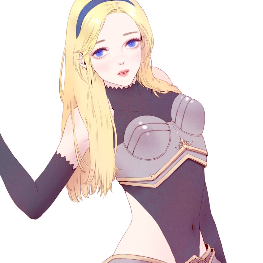 1girl adapted_costume armor black_gloves blonde_hair blue_eyes covered_navel female_focus gloves headband heather37 highres league_of_legends long_hair lux_(league_of_legends) solo white_background