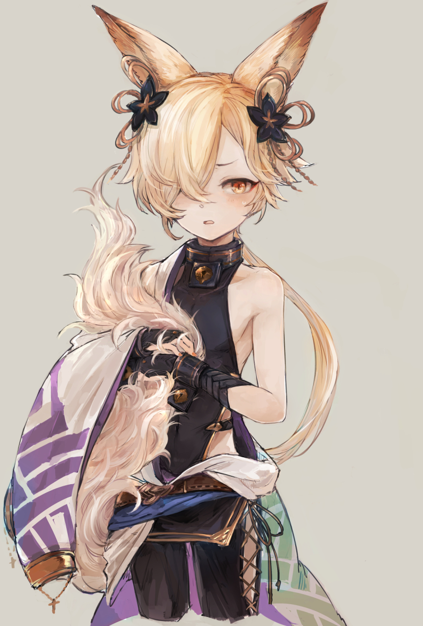 1boy animal_ears backless_outfit bare_arms black_legwear blonde_hair blush cropped_legs erune fingernails fox_ears fox_tail granblue_fantasy grey_background hair_ornament hair_over_one_eye highres kou_(granblue_fantasy) long_hair looking_at_viewer male_focus nail_polish open_mouth red_eyes simple_background sleeveless tail wataichi_meko