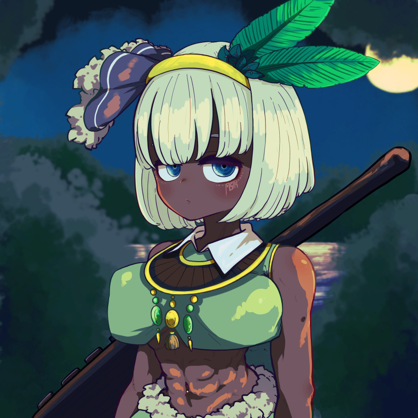 1girl abs absurdres asatsuki_(cookie) black_bow blue_eyes blue_sky blunt_bangs bob_cut bow bow_hairband breasts closed_mouth collared_shirt commentary_request cookie_(touhou) dark-skinned_female dark_skin expressionless full_moon green_shirt hair_ornament hairband highres konpaku_youmu large_breasts leaf_hair_ornament looking_at_viewer moon muimui_(4242564muimui) muscular muscular_female navel navel_piercing night outdoors piercing shirt short_hair sky sleeveless sleeveless_shirt solo touhou upper_body yellow_hairband