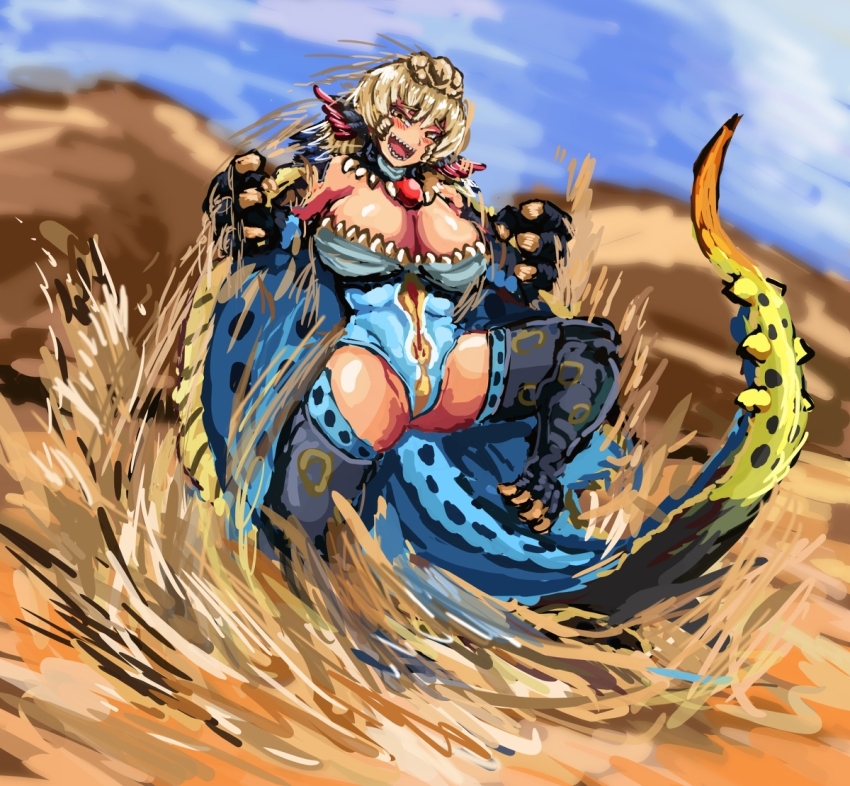 1girl blush breasts claws commentary_request dragon_girl hair_ornament large_breasts leotard light_brown_hair looking_at_viewer monster_girl monster_hunter_(series) nibelsnarf open_mouth personification scales sharp_teeth short_hair solo standing tail teeth thighhighs udetamago yellow_eyes