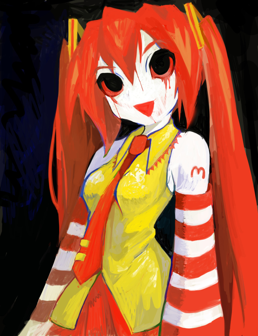 1girl blood blood_from_mouth blood_on_face bloody_tears breasts colored_sclera colored_skin detached_sleeves hatsune_miku highres horror_(theme) mcdonald&#039;s necktie open_mouth red_hair red_sclera smile solo twintails vocaloid white_skin yogurt200