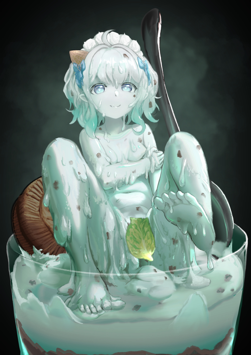 1girl absurdres ahoge blue_bow blue_eyes bow bowl breasts candy chocolate chocolate_bar closed_mouth completely_nude dimensionless88 feet food glass_bowl green_hair hair_bow highres ice_cream ice_cream_cone indie_virtual_youtuber looking_at_viewer medium_hair mint_chocolate mint_fantome mint_leaf monster_girl navel nude pointy_ears slime_girl small_breasts smile solo spoon toes virtual_youtuber