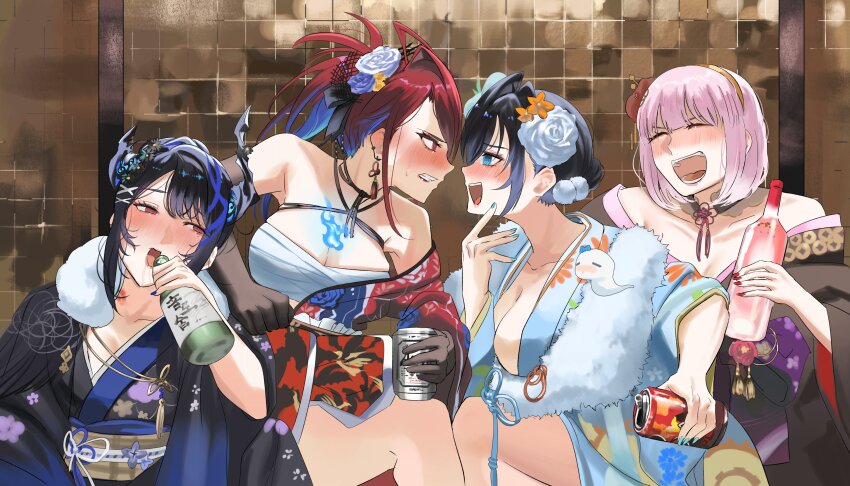 4girls absurdres beer_can black_gloves black_hair blue_eyes blue_nails blush boros_(ouro_kronii) bottle breasts can chest_sarashi drink_can drinking drunk earrings elizabeth_rose_bloodflame elizabeth_rose_bloodflame_(new_year) flower gloves hair_bun hair_flower hair_ornament highres holding holding_bottle hololive hololive_english horns japanese_clothes jewelry kimono large_breasts laughing long_hair mori_calliope mori_calliope_(new_year) multiple_girls nerissa_ravencroft nerissa_ravencroft_(new_year) open_clothes open_kimono ouro_kronii ouro_kronii_(new_year) pink_hair red_eyes red_hair red_nails sarashi set7 virtual_youtuber