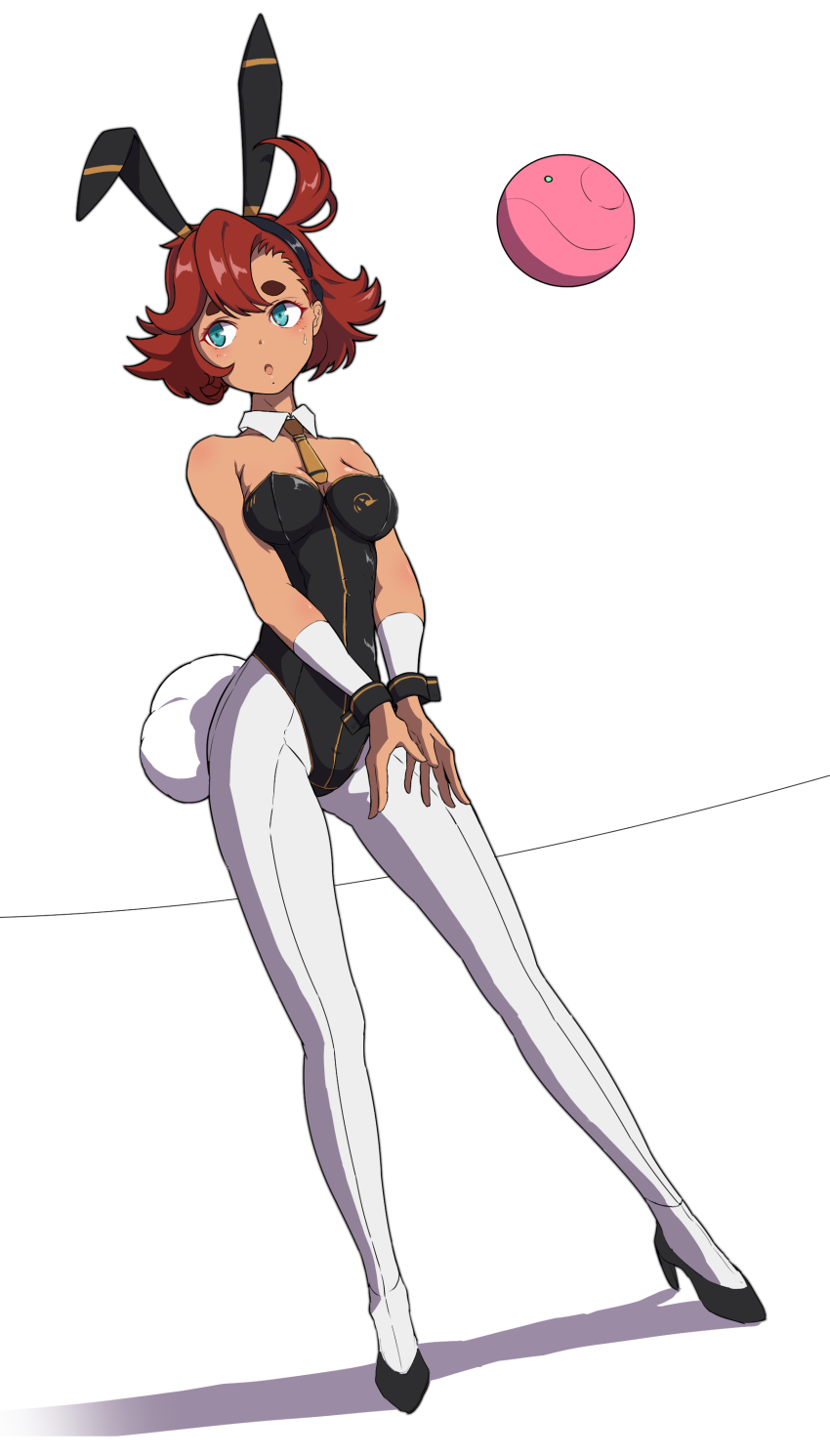 1girl absurdres animal_ears batta_16-sei black_leotard blue_eyes blush breasts fake_animal_ears fake_tail full_body gundam gundam_suisei_no_majo haro highres leotard medium_breasts open_mouth pantyhose playboy_bunny rabbit_ears rabbit_tail red_hair robot short_hair simple_background suletta_mercury tail white_background white_pantyhose