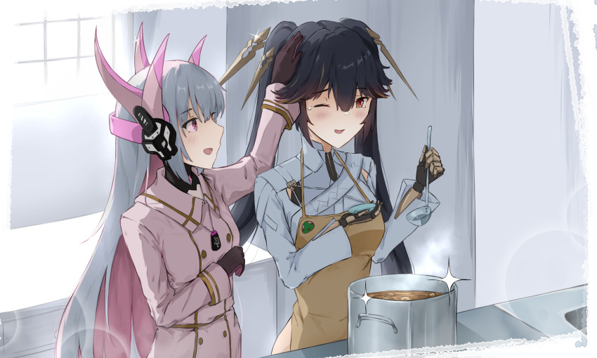 2girls aikawa_yumi apron black_gloves black_hair brown_apron colored_inner_hair cooking dog_tags floating_hair_ornament frog gloves grey_hair hair_ornament headgear headpat highres jacket ladle liv:_eclipse_(pgr) liv_(pgr) long_hair lucia:_pyroath_(pgr) mechabare mechanical_arms mechanical_hands multicolored_hair multiple_girls one_eye_closed open_mouth pink_eyes pink_hair pink_jacket punishing:_gray_raven red_eyes sidelocks twintails very_long_hair white_jacket