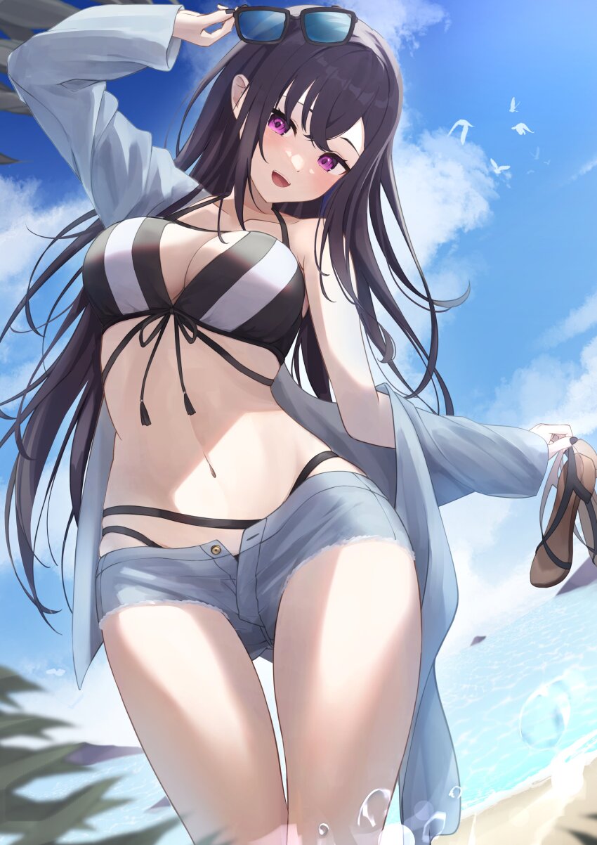 absurdres beach bikini black_hair highres ichinose_uruha ichinose_uruha_(summer_c102) long_hair pastamago purple_eyes shorts striped_bikini striped_clothes swimsuit thighs unidon_48 virtual_youtuber vspo!