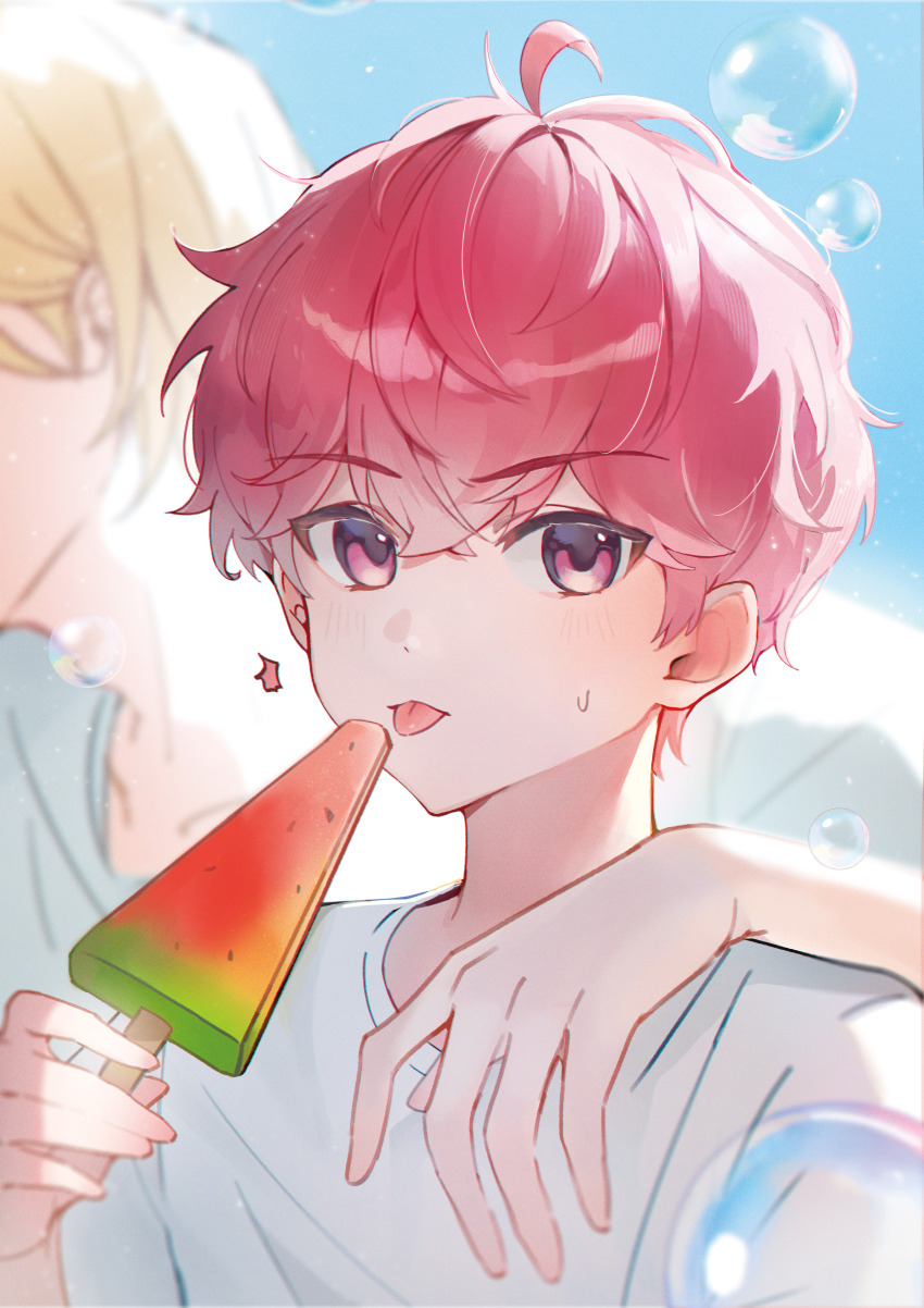 2boys absurdres bamby_(plave) bubble ddugi0506 facing_viewer food hair_between_eyes highres holding holding_food holding_popsicle k-pop multiple_boys noah_(plave) pink_eyes pink_hair plave popsicle shirt short_hair short_sleeves summer sweatdrop tongue tongue_out watermelon_bar white_shirt