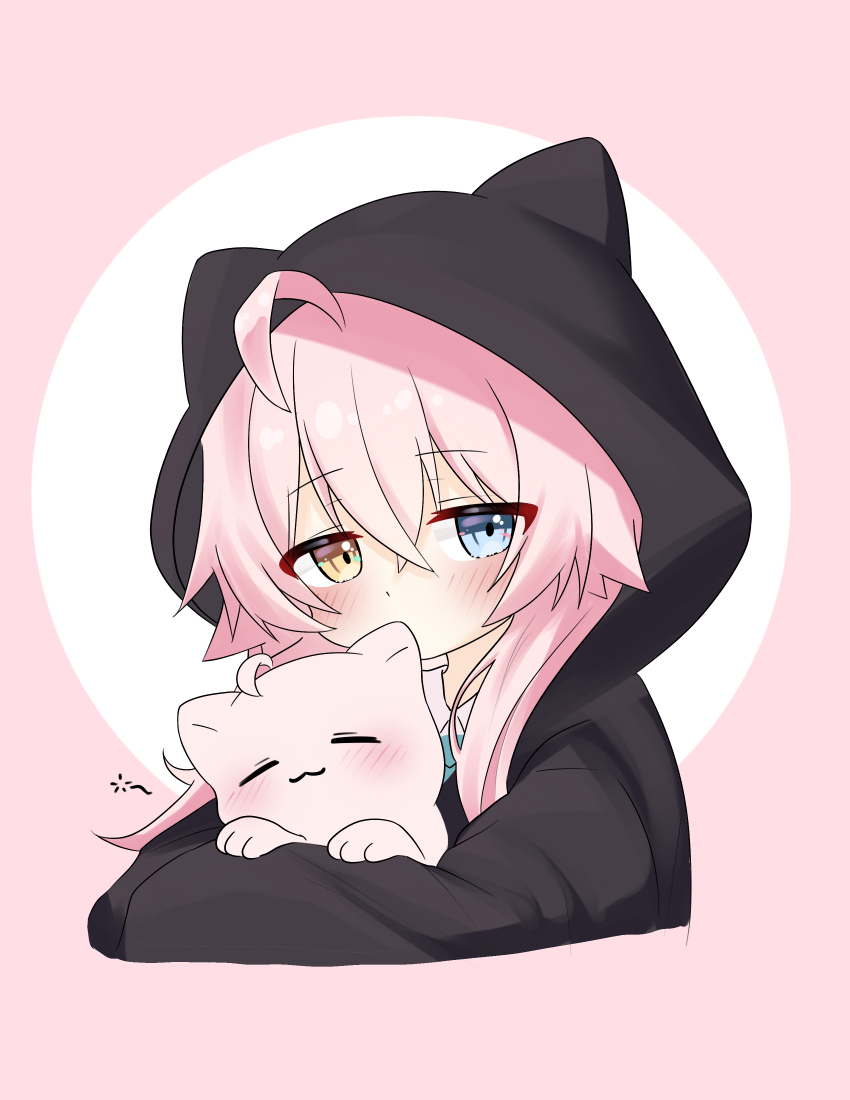 1girl :3 absurdres ahoge animal animal_ear_hood animal_ears black_hood black_hoodie blue_archive blue_eyes blush cat cat_ears fake_animal_ears hair_between_eyes heterochromia highres holding holding_animal holding_cat hood hoodie hoshino_(blue_archive) loali long_hair no_halo orb pink_background pink_hair shirt simple_background solo two-tone_background upper_body white_background white_shirt yellow_eyes