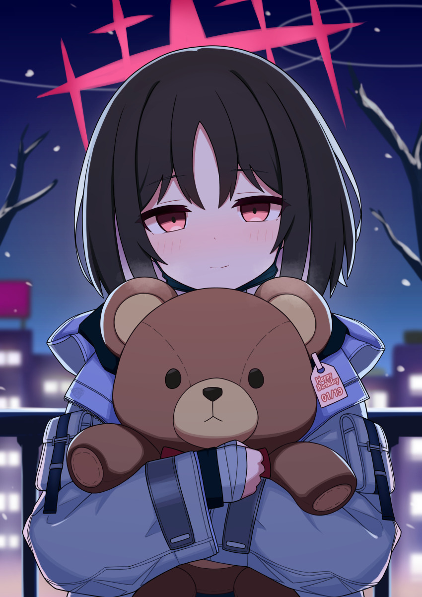 1girl absurdres bandaged_arm bandages black_hair blue_archive blush closed_mouth commentary english_commentary halo happy_birthday highres hood hood_down hooded_jacket hugging_doll hugging_object jacket long_sleeves looking_at_viewer mask misaki_(blue_archive) mouth_mask night night_sky outdoors red_eyes red_halo short_hair sky smile snowing solo stuffed_animal stuffed_toy teddy_bear upper_body white_jacket zddma20