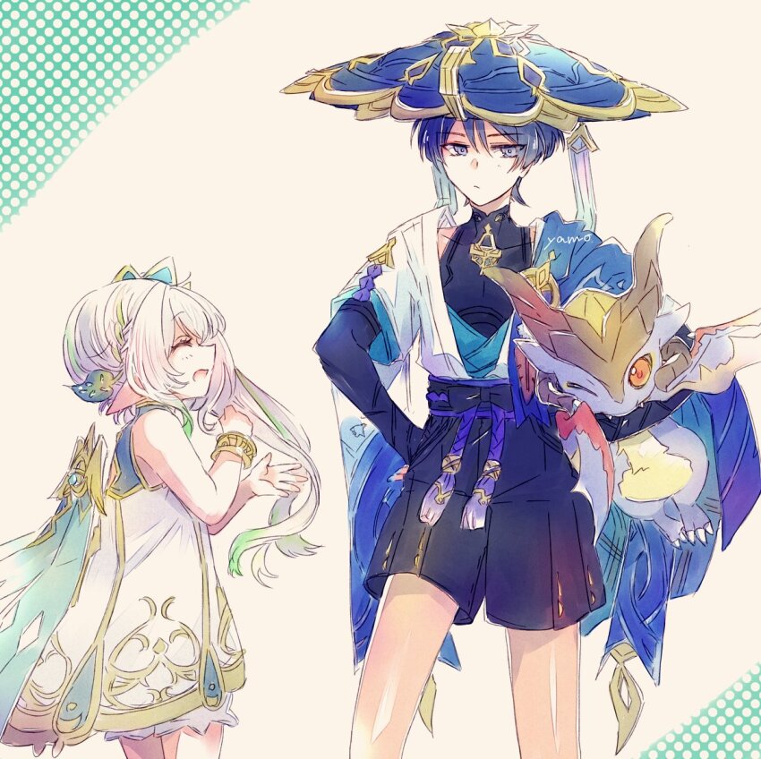 1boy 1girl animal aqua_sleeves artist_name bare_shoulders belt black_belt black_bodysuit black_bow black_hair black_shorts bloomers blue_cape blue_hat blunt_ends bodysuit bow bracelet cape clenched_hand closed_eyes closed_mouth detached_cape dress eyelashes eyeliner eyeshadow facing_viewer from_side genshin_impact gold gold_trim gradient_hair green_cape green_hair grey_eyes hair_ornament hakama hakama_shorts half_crown_braid hand_on_own_hip hat height_difference holding holding_animal japanese_clothes jewelry jingasa kimono layered_clothes layered_kimono layered_sleeves leaf leaf_hair_ornament light_blush long_hair looking_at_another makeup mandarin_collar mini_dragon mini_durin_(genshin_impact) multicolored_hair nahida_(genshin_impact) open_clothes open_hand open_kimono open_mouth pointy_ears purple_rope purple_sash red_eyeliner red_eyeshadow rope sash scaramouche_(genshin_impact) short_sleeves shorts shoulder_peek sidelocks sideways_mouth standing thighs underwear wanderer_(genshin_impact) white_bloomers white_dress white_hair white_kimono white_sleeves bracelet yamo_(sky2world)