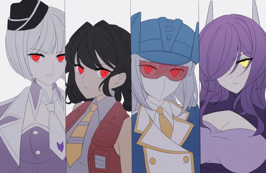 4girls assault_visor breasts cake_(cake44233290) dark-skinned_female dark_skin decepticon genderswap genderswap_(mtf) hat highres horns jacket kotobukiya_bishoujo long_hair looking_at_viewer mask medium_breasts megatron megatron_(kotobukiya_bishoujo) military_uniform multiple_girls necktie red_eyes shockwave_(transformers) short_hair soundwave_(transformers) starscream starscream_(kotobukiya_bishoujo) transformers transformers:_generation_1 white_hair yellow_eyes