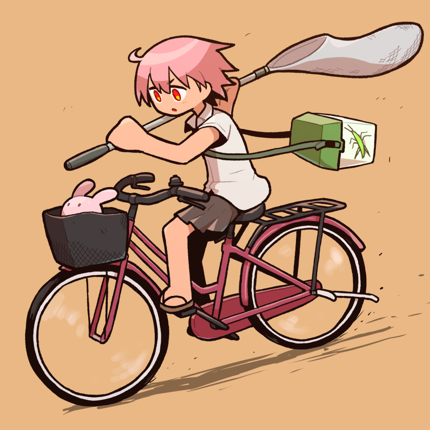 1girl ahoge bicycle bicycle_basket brown_background brown_footwear butterfly_net collared_shirt commentary_request creature full_body grey_skirt hand_net highres holding holding_butterfly_net in_basket insect_cage looking_ahead no_socks open_mouth original pink_hair pleated_skirt red_eyes riding riding_bicycle sandals shirt short_hair simple_background skirt solo takurada white_shirt