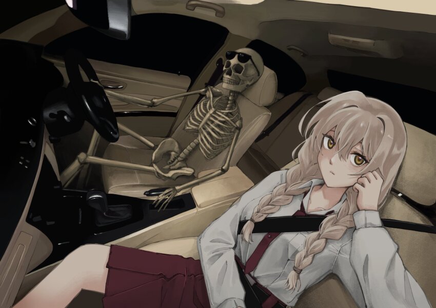 1girl belt black_belt black_necktie black_skirt blonde_hair bone braid breast_pocket breasts car_interior car_seat collarbone collared_shirt commentary driving dutch_angle feet_out_of_frame green_eyes hair_between_eyes hair_tie hand_on_own_cheek hand_on_own_face highres light_frown long_hair long_sleeves medium_breasts necktie original pleated_skirt pocket seatbelt shirt sitting skeleton skirt skull steering_wheel sunglasses symbol-only_commentary teeth tinted_eyewear twin_braids uu_youyu white_shirt