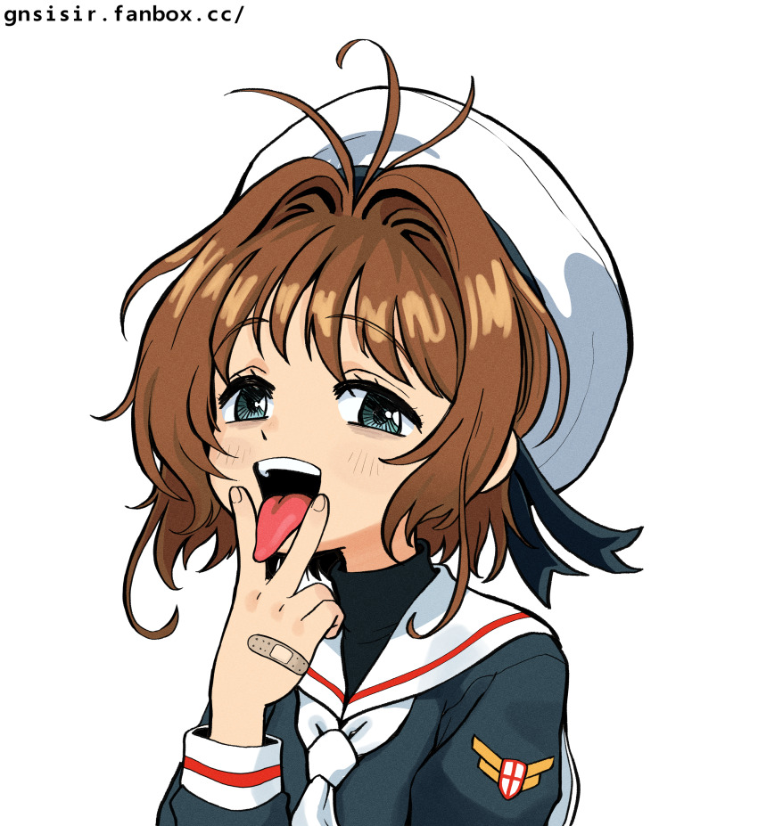 1girl absurdres artist_name bandaid brown_hair cardcaptor_sakura cunnilingus_gesture fanbox_username gnsisir green_eyes hair_intakes hat highres kinomoto_sakura long_sleeves naughty_face open_mouth school_uniform sexually_suggestive short_hair simple_background smile solo teeth tomoeda_elementary_school_uniform tongue tongue_out upper_teeth_only white_background white_hat