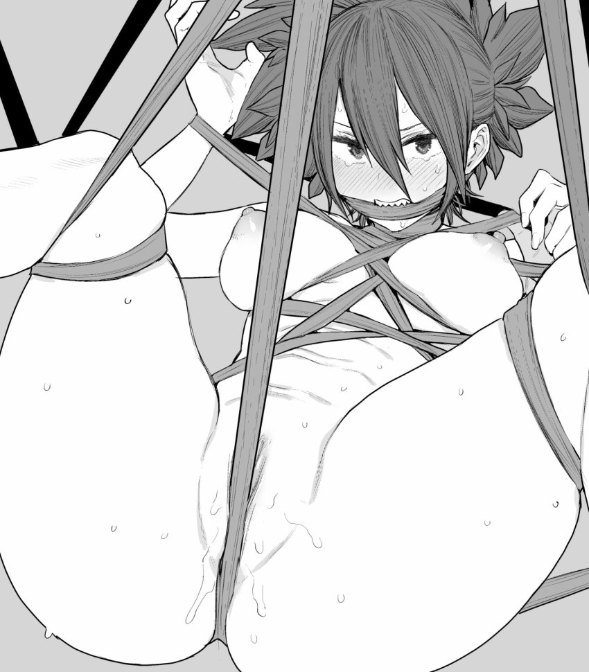 1girl bad_id bad_twitter_id bdsm blush bondage bound breasts fingernails grey_background greyscale hair_between_eyes highres looking_at_viewer monochrome navel nipples original pussy pussy_juice saliva sharp_teeth short_hair simple_background solo survival_yaiba sweat tearing_up teeth