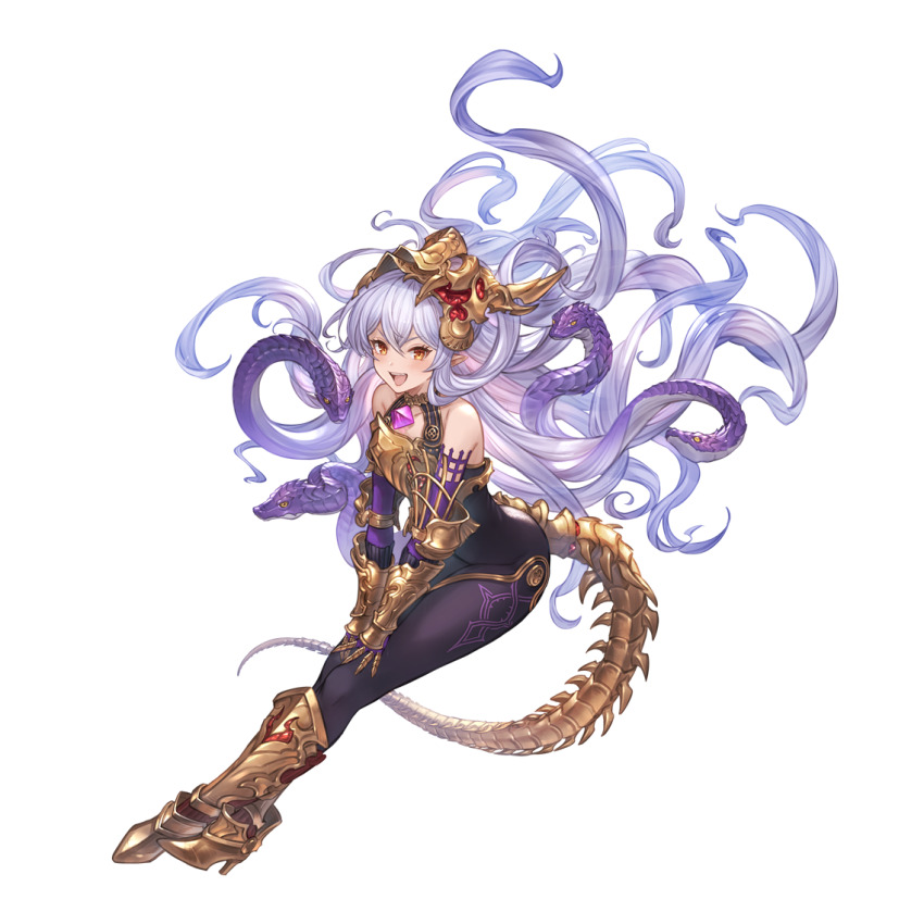 1girl armor bare_shoulders black_bodysuit blush bodysuit breastplate elbow_gloves full_body gauntlets gloves granblue_fantasy greaves hair_between_eyes headpiece long_hair looking_at_viewer medusa_(shingeki_no_bahamut) minaba_hideo official_art open_mouth pointy_ears smile snake snake_hair solo tail transparent_background very_long_hair