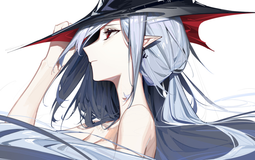 1girl arknights black_hat earrings from_side gladiia_(arknights) grey_hair hand_on_headwear hat headwear_request jewelry long_hair pointy_ears portrait red_eyes simple_background sketch solo white_background zhili_xingzou